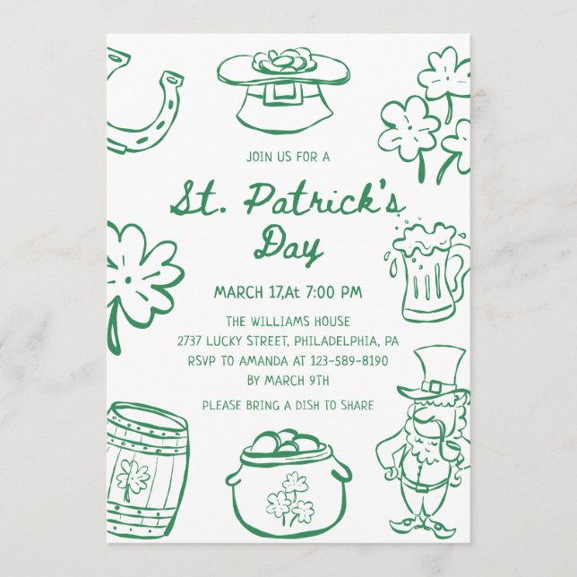 Hand Drawn Scribble Doodles St Patrick's Day Invit Einladung (Vorderseite)