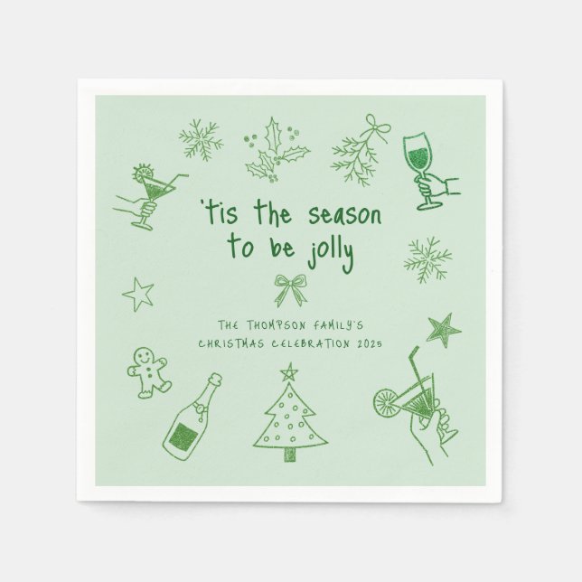 Hand Drawn Scribble Glitter Green Christmas Party Serviette (Vorderseite)