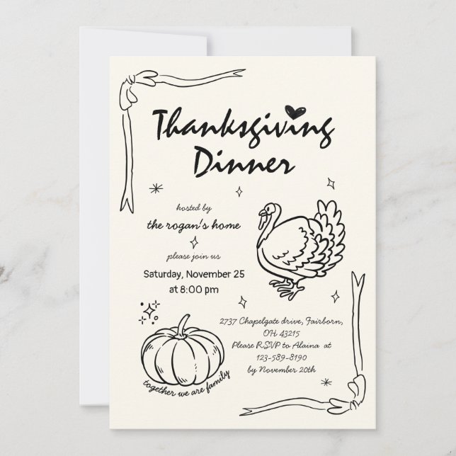 Hand Drawn Scribble Pumpkin Türkei Erntedank Einladung (Vorderseite)