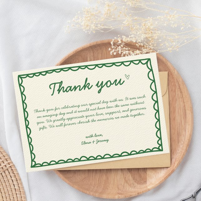 Hand Drawn Scribble Vintag Green French Wedding Dankeskarte (thank you hand written wedding card)