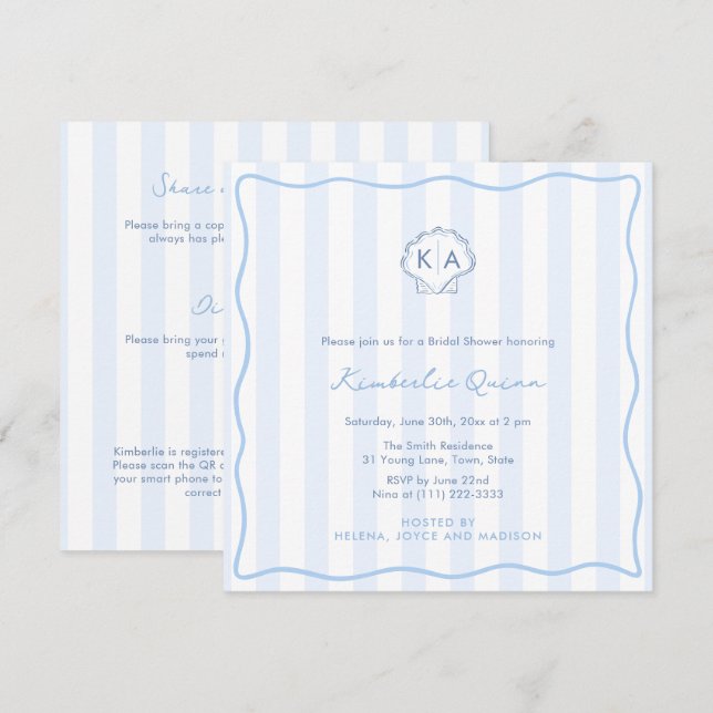 Hand-Drawn Seashell Monogram Coastal Bridal Shower Einladung (Vorne/Hinten)