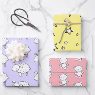 HAND DRAWN SHEEP STAR UND TEDDY BEAR GIFT WRAP GESCHENKPAPIER SET