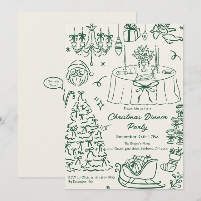 Hand Drawn Squiggle Doodles Christmas Party Invita Einladung (Vorne/Hinten)