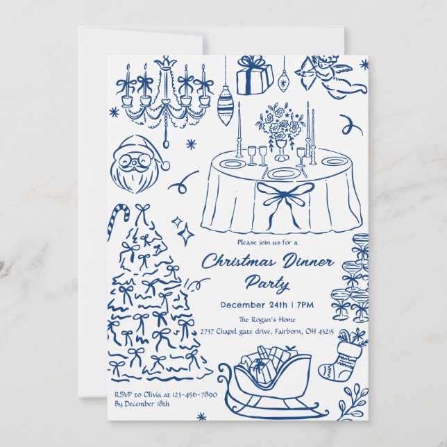 Hand Drawn Squiggle Doodles Christmas Party Invita Einladung (Vorderseite)