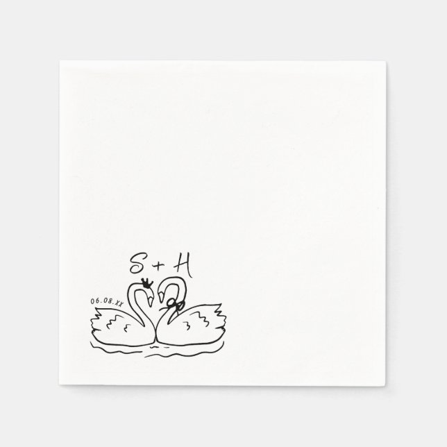 Hand Drawn Swan Heart Wedding Cocktail Serviette (Vorderseite)