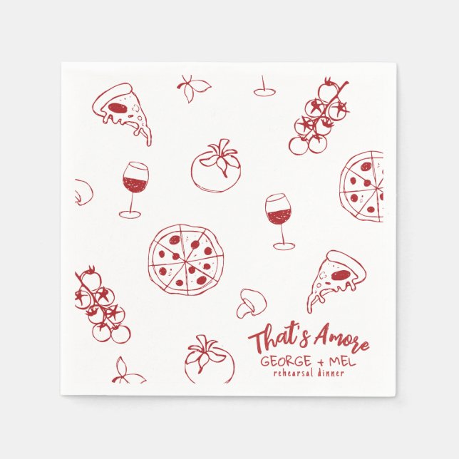 Hand Drawn Thats Amore Pizza Wine Rehearsal Dinner Serviette (Vorderseite)