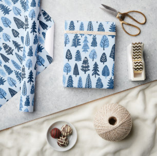 Hand Drawn Trees Blue Christmas Geschenkpapier