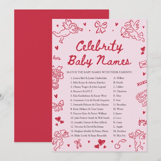 Hand Drawn Valentine Celebrity Baby Name Game Einladung (Vorne/Hinten)