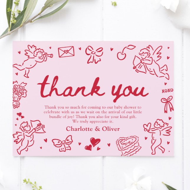 Hand Drawn Valentine Sweetheart Thank you card Einladung (Pink Red Hand Drawn Valentine Sweetheart Thank you card)