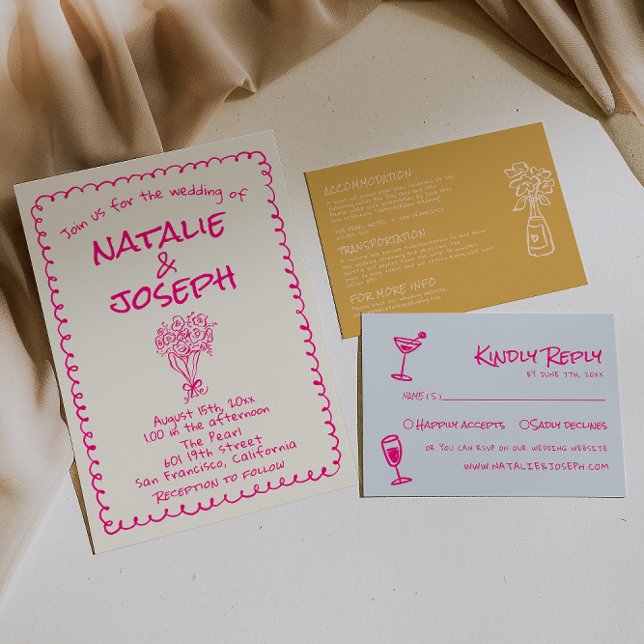 Hand Drawn Vivid Pink Retro Funky Quirky Wedding Einladung (Von Creator hochgeladen)