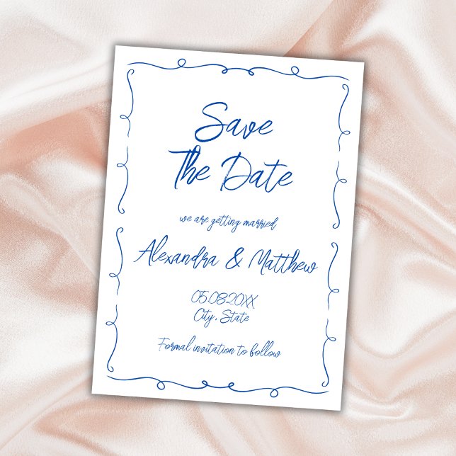 Hand Drawn Whimsical Blue Funky Wedding Save The Date (Hand Drawn Whimsical Blue Funky Wedding Save The Date colorful cobalt blue)