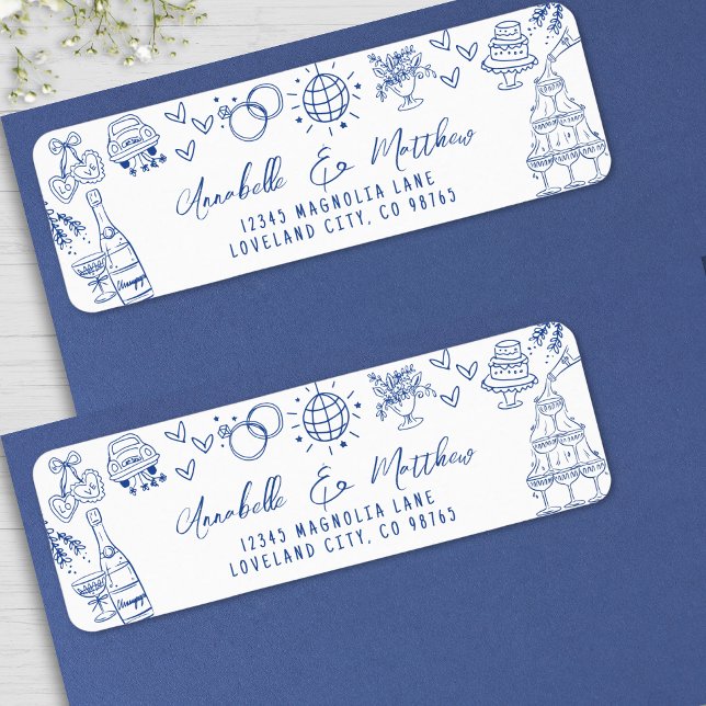 Hand Drawn Whimsical Blue Wedding Rücksendeadresse (Hand Drawn Whimsical Blue Wedding Return Address label )
