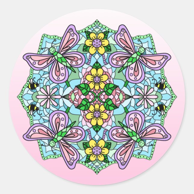 Hand Drawn Whimsical Butterfly Mandala Runder Aufkleber (Vorderseite)