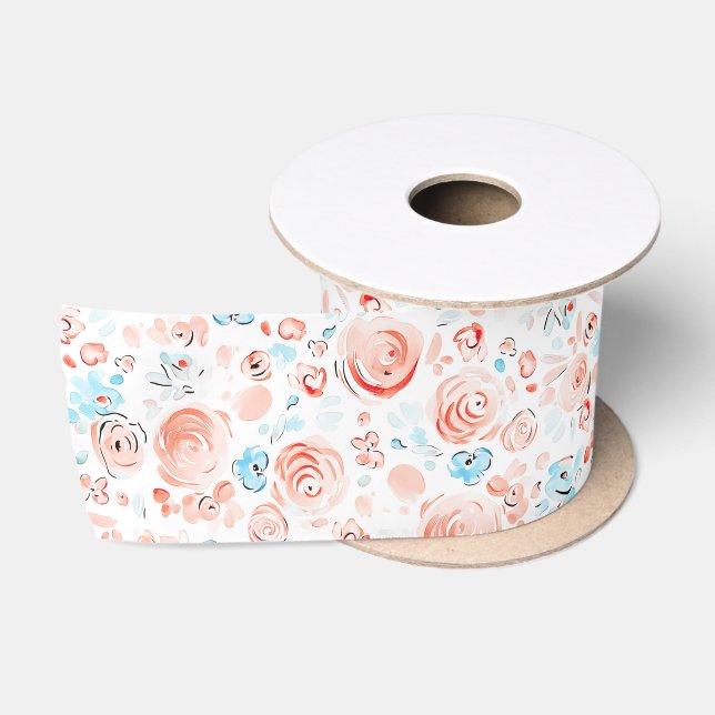 Hand Drawn Whimsical Flowers Dusty Blue and Pink Satinband (Spule)