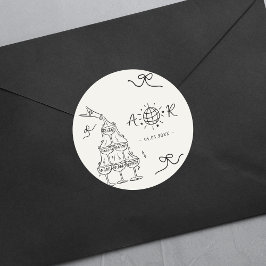 Hand Drawn Whimsical Fun Französisch Hochzeitsmono Runder Aufkleber