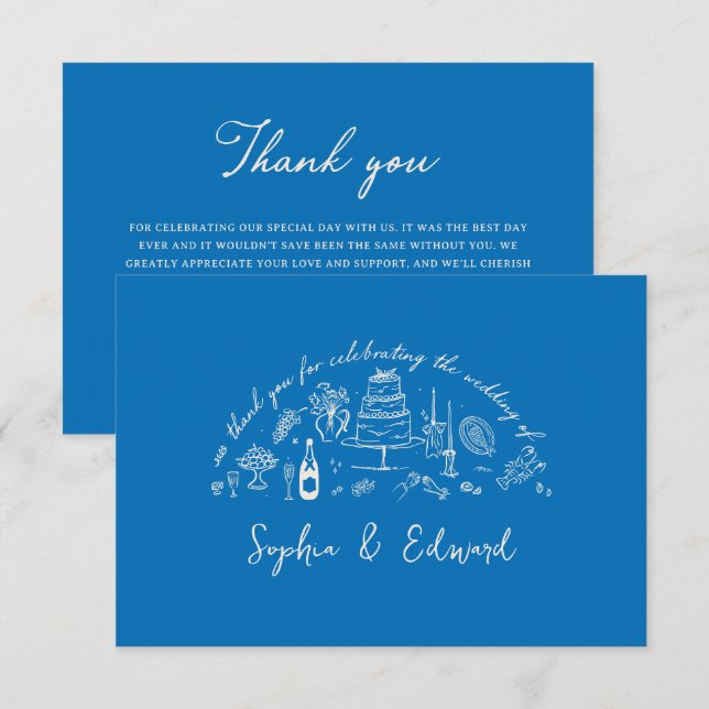 Hand-drawn whimsical line art wedding style dankeskarte (Vorne/Hinten)