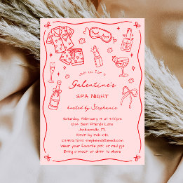 Hand Drawn Whimsical Pink Red Galentines Spa Party Einladung