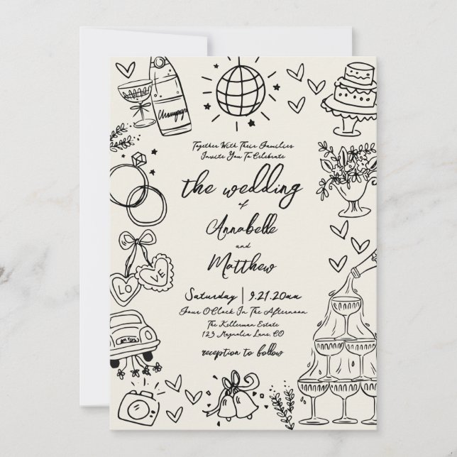 Hand Drawn Whimsical Vintage Wedding Einladung (Vorderseite)
