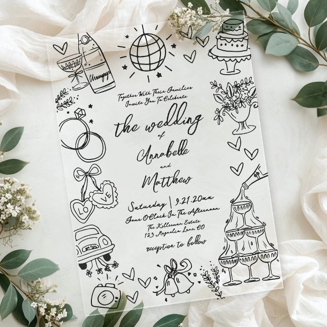 Hand Drawn Whimsical Wedding Acryleinladungen (Hand Drawn Whimsical Wedding Acrylic Invitations)