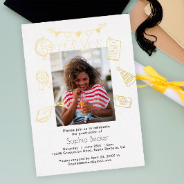 Hand Drawn White Doodles Photo Graduate Gold Folieneinladung