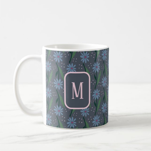 Hand-Drawn Wildflower Blue Moody Floral Monogram Kaffeetasse (Links)