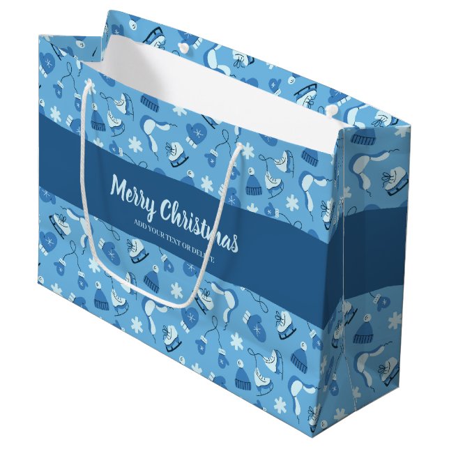 Hand Drawn Winter Pattern Blue Large Gift Bag Große Geschenktüte (Vorderseite Schrägansicht)