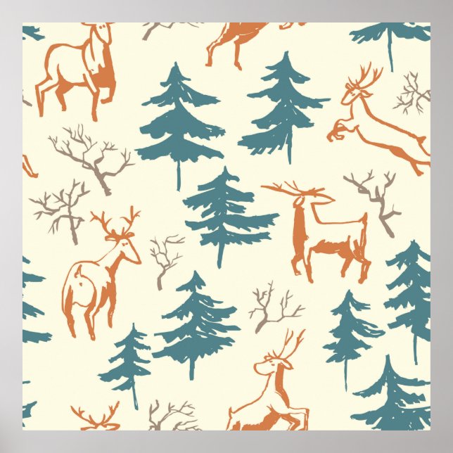Hand drawn winter seamless pattern with deer and p poster (Vorne)