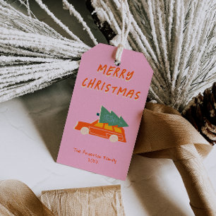 Hand gezeichnet rosa Red Car Tree Weihnachten Funk Geschenkanhänger