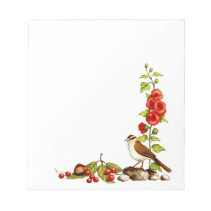 Hand gezeichnete Blumen, Vogel, Beeren: Notizblock