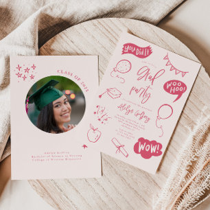 Hand gezeichnete Quirky Blush Pink Graduation Part Einladung