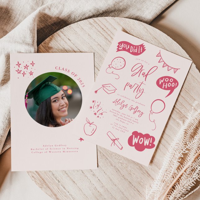 Hand gezeichnete Quirky Blush Pink Graduation Part Einladung (Von Creator hochgeladen)