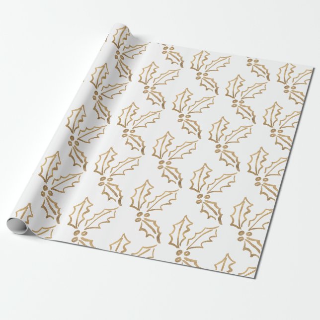 Hand gezeichneter Goldfolien-Feiertag Hollies Geschenkpapier (Ungerollt)