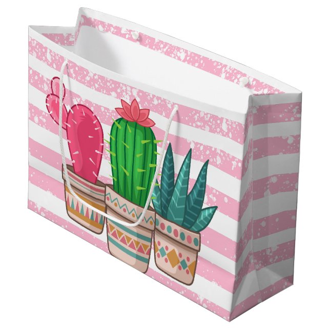 Hand gezeichneter Kaktus mit Streifenhintergrund Große Geschenktüte (Vorderseite Schrägansicht)