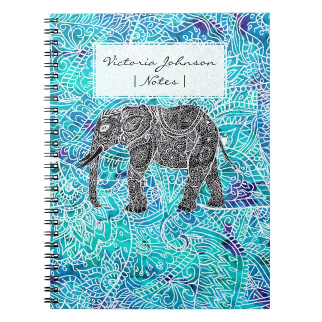 Hand gezeichneter Paisley boho Elefant-Blautürkis Notizblock (Vorderseite)