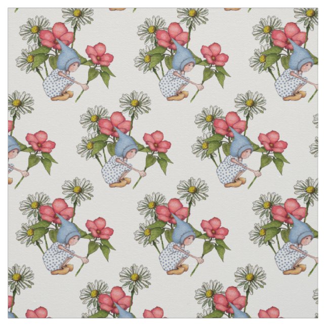 Hand gezeichnetes Gnome-Mädchen mit Blumen, Stoff (Muster)