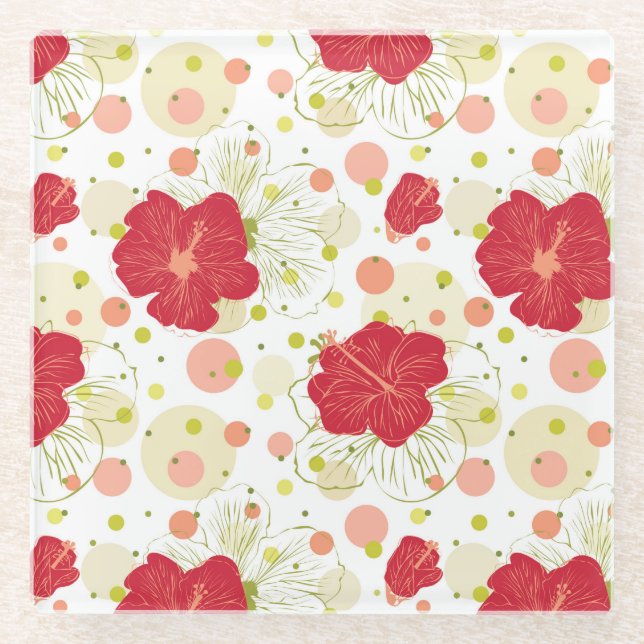 Hand gezeichnetes Hibiskus-Muster Glasuntersetzer (Vorderseite)