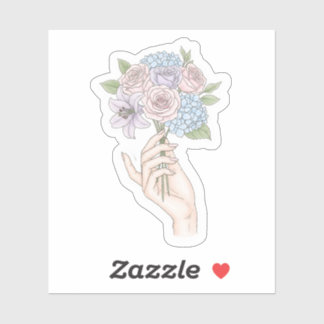 Hand hält retro Sticker mit Blumenstrauß in Pastel