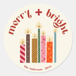 Hand-Illustrated Merry + Bright Christmas Sticke C Runder Aufkleber