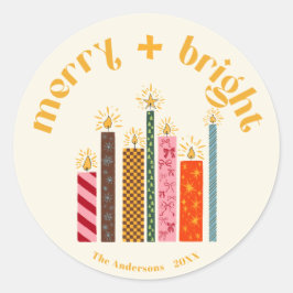 Hand-Illustrated Merry + Bright Christmas Sticke Runder Aufkleber