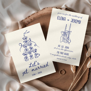 Hand Illustriert Retro French Blue Quirky Wedding Einladung