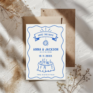 Hand Illustrierte Quirky Retro Zeichnend blaue Hoc Save The Date