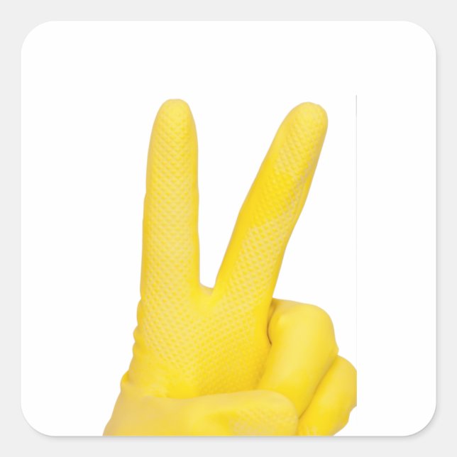 Hand in gelbem Latex Handschuh Quadratischer Aufkleber (Vorderseite)