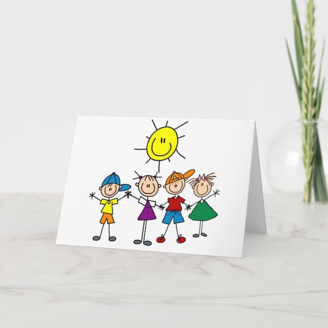 Hand in Hand Strichmännchen Kinderhemden und Gesch Karte (Vorderseite)