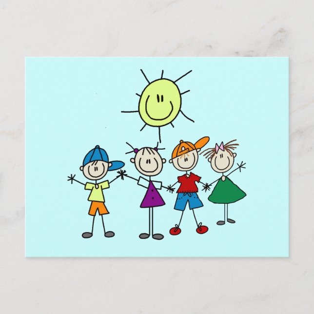 Hand in Hand Strichmännchen Kinderhemden und Gesch Postkarte (Vorderseite)