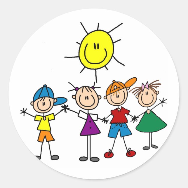 Hand in Hand Strichmännchen Kinderhemden und Gesch Runder Aufkleber (Vorderseite)