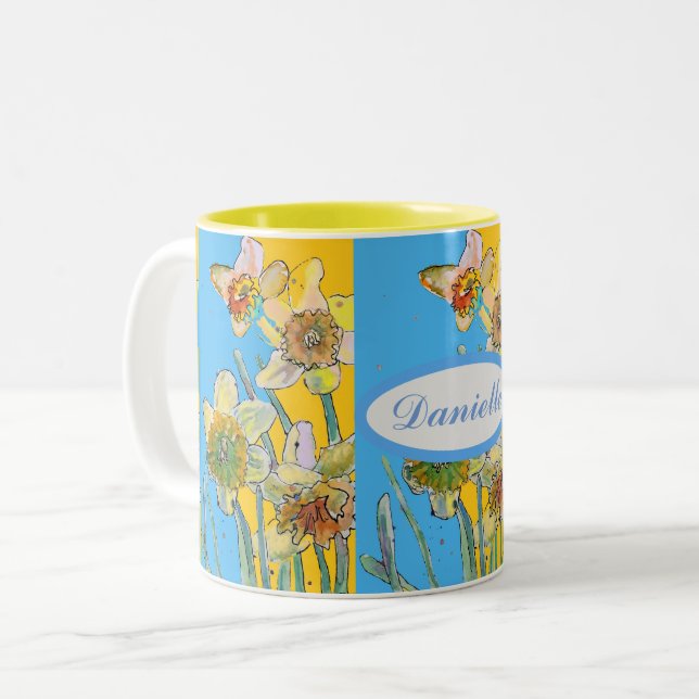 Hand lackierte gelbe Blüte Zwei- Zweifarbige Tasse (Vorderseite Links)