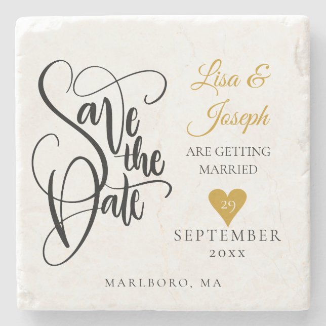 Hand Letted Gold Heart Script Save the Date Steinuntersetzer (Vorderseite)