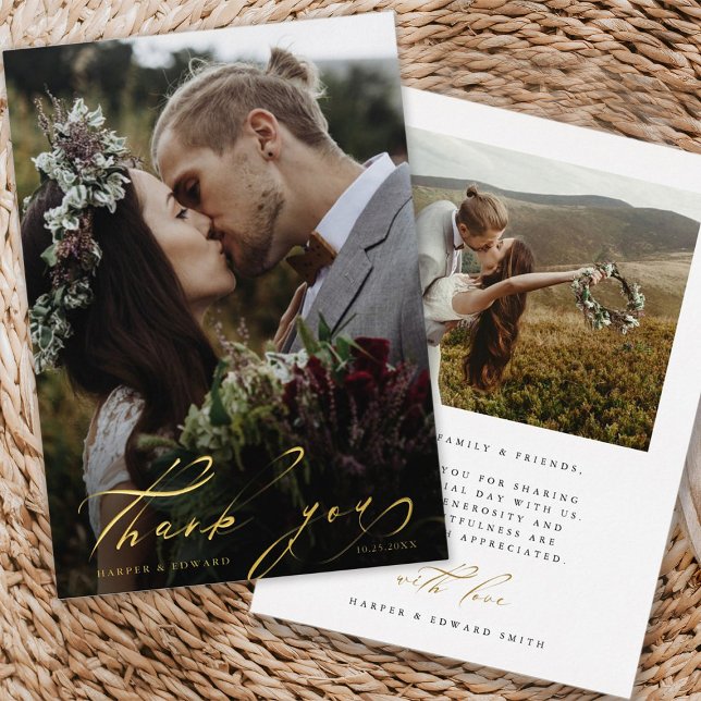 Hand Letter 2 Foto Hochzeit Danke Foil Card Folieneinladung (Front & Back)