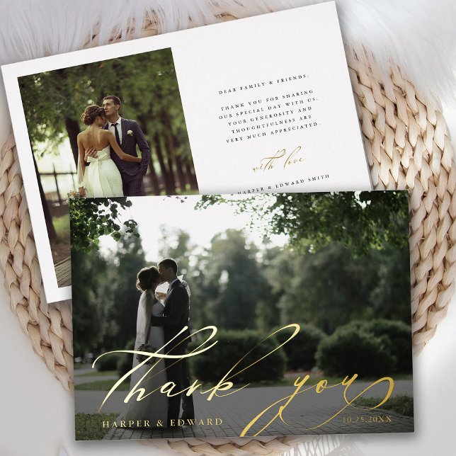 Hand Letter 2 Foto Hochzeit Danke Foil Card Folieneinladung (Front & Back)