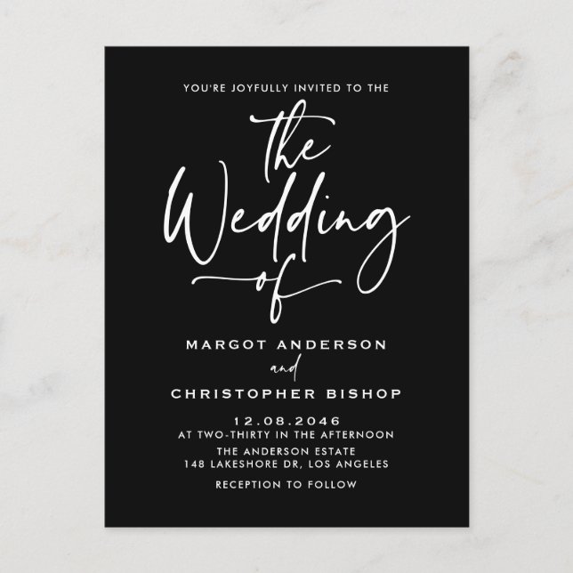 Hand Lettered Calligraphy Black Wedding Einladungspostkarte (Vorderseite)
